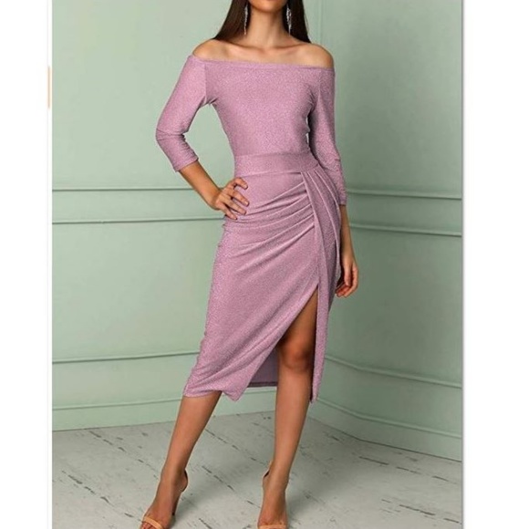 Off Shoulder Ruched Sexy Slit Dress Sz S Rose Pink - Picture 2 of 5
